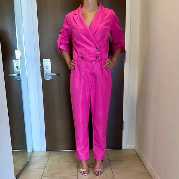 Barbie Pink Double Breasted Button Jumpsuit w/belt loops & hidden zipper - Picture 4 of 10